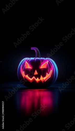 Glowing Halloween pumpkin with spooky face, dark background.