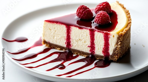 A decadent cheesecake slice with a graham cracker crust, drizzled with raspberry sauce on a white plate, isolated on white.