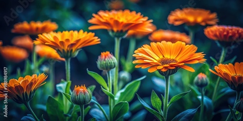 Dark and moody image of calendula officinalis garden marigold flowers thriving in herb garden