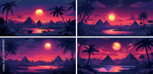 Egyptian night oasis cartoon vector concepts. Palms lake pond water source pyramids desert landscape, dunes sands african dusk twilight moonlight sanctuary illustrations