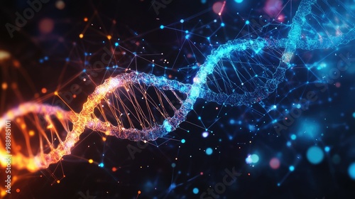 A digital DNA double helix glowing in neon colors, with interconnected lines and nodes, representing modern biotech innovation.