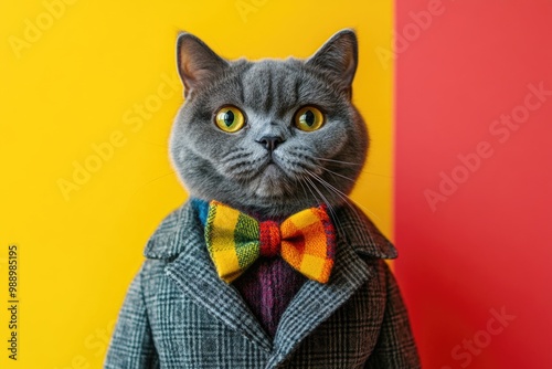 Beautiful British Shorthair cat in fashionable on a colorful background. photo