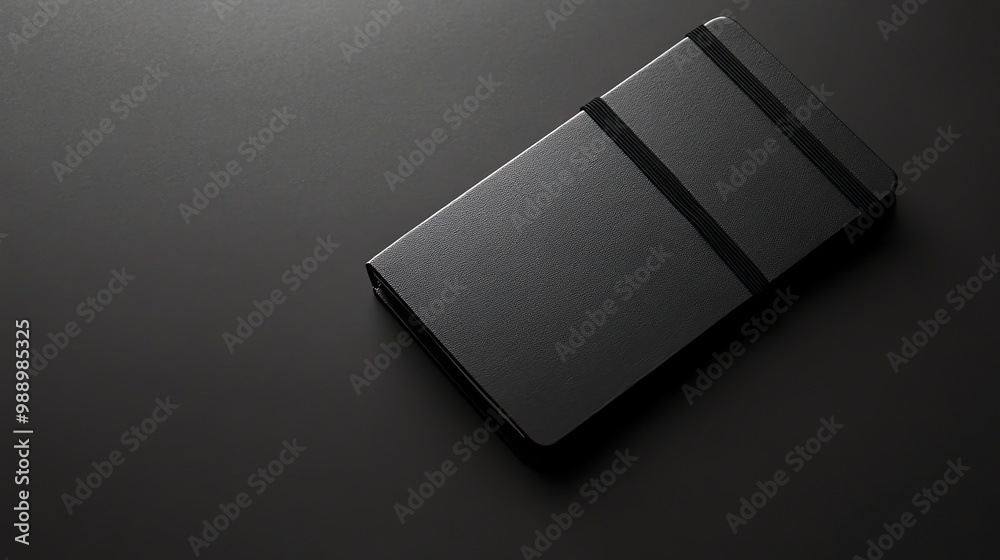 A black closed notebook with an elastic band on a black background. A black closed notebook with an elastic band on a black background.
