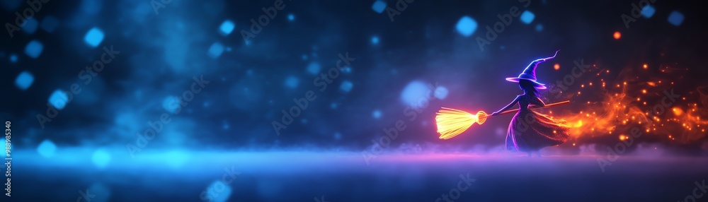 Naklejka premium Magical witch flying on broomstick with colorful background.