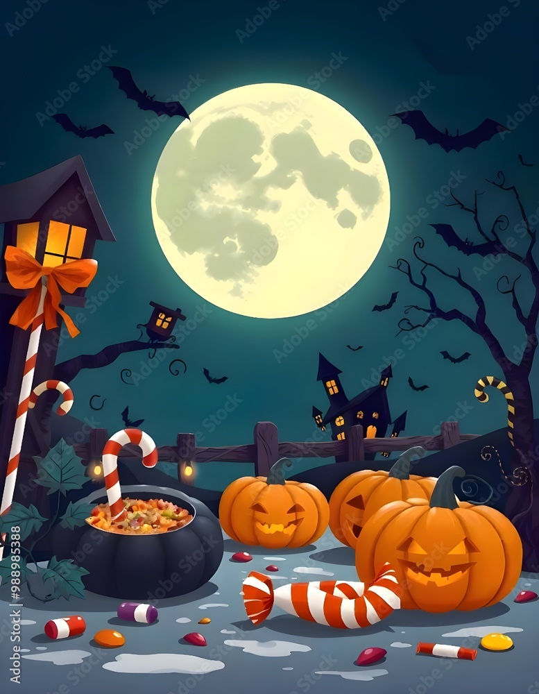 Fototapeta premium Halloween Background with Moon, Candy, Pumpkins, Bats, and Spooky Elements