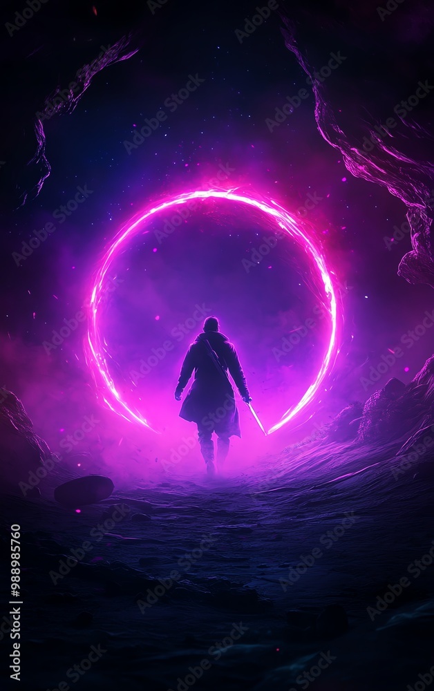 Obraz premium Mysterious figure entering a glowing portal in a dark setting.
