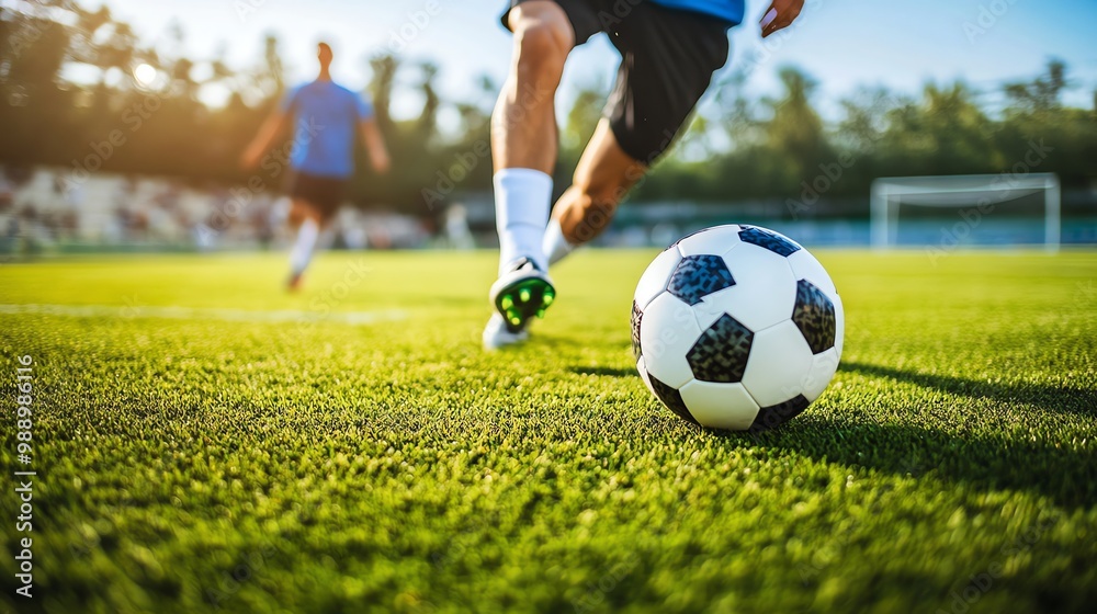 A soccer player kicks the ball on a green field. A soccer player kicks the ball on a green field.