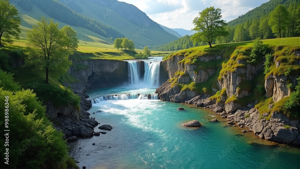 Fototapeta premium waterfall with blue water and green trees on the side