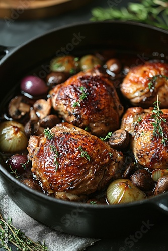  Coq au Vin: Chicken braised in red wine with mushrooms, onions, and garlic for a rich, hearty flavor.