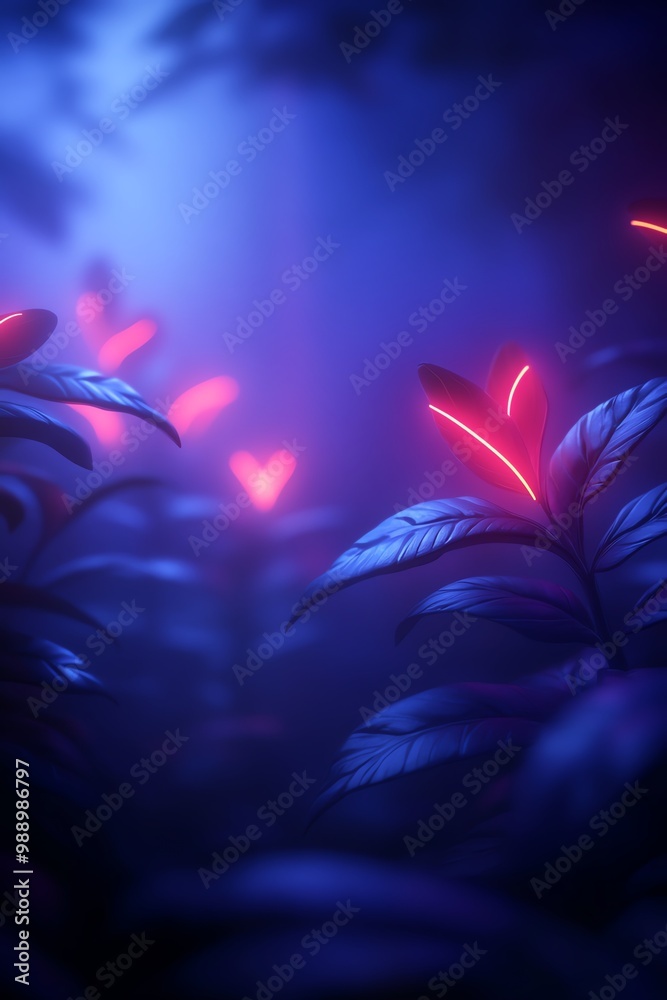 Fototapeta premium Vibrant plants with glowing hearts in a mystical atmosphere