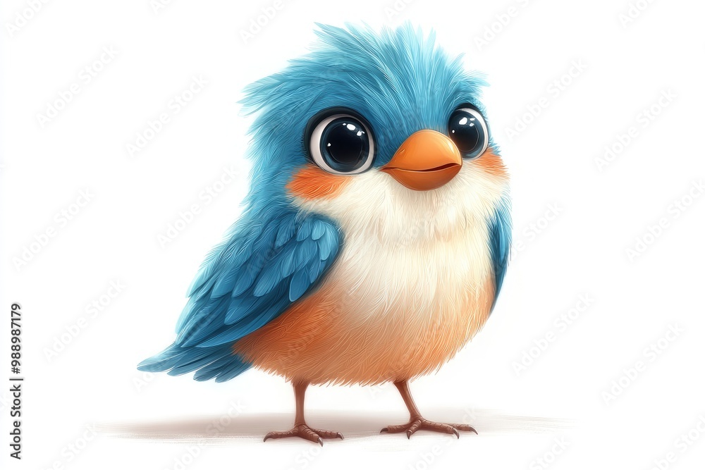 Fototapeta premium Cute blue bird character standing on white background