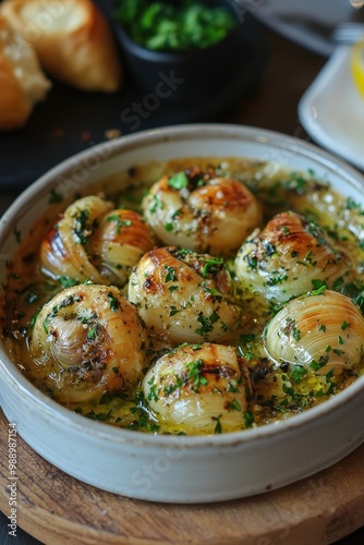  Escargot: A dish of snails cooked in garlic butter, parsley, and herbs, often served as an appetizer.