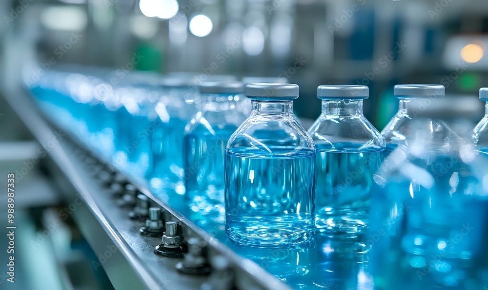 Close up of glass bottles moving on a production line. Close up of glass bottles moving on a production line.