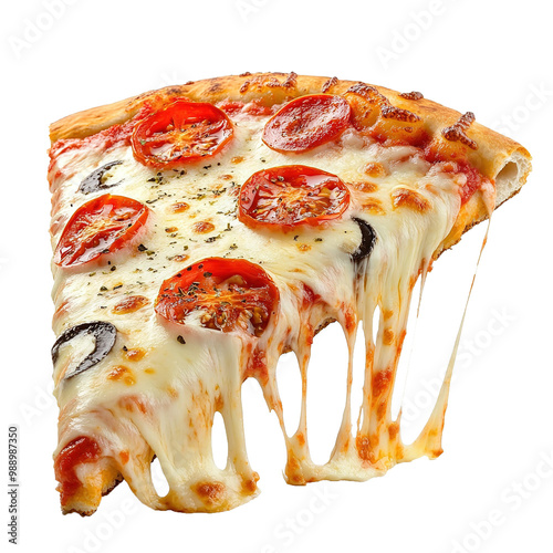 Pizza slice flying, isolated on white background. Delicious peperoni pizza slices pepperonis and olives, with melting cheese.