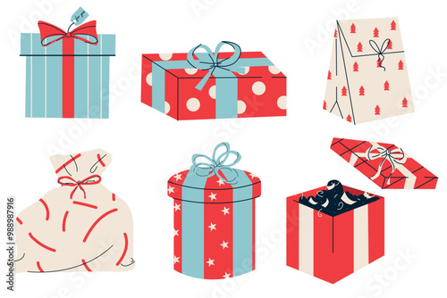 Flat vector illustration gifts in gift paper, bow on the gift. Gifts for New Year, Christmas, birthday. Gift wrapping. Idea for a postcard, banner.