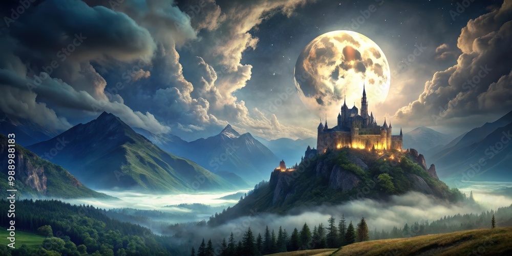 Fototapeta premium Majestic mountain landscape with castle under glowing full moon and dark clouds creating a mystical and serene setting