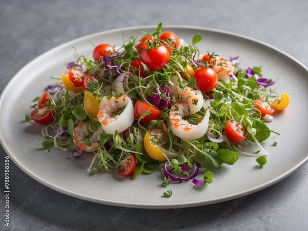 Gourmet Squid Salad with Cherry Tomatoes and Microgreens Generative Ai Gourmet Squid Salad with Cherry Tomatoes and Microgreens Generative Ai