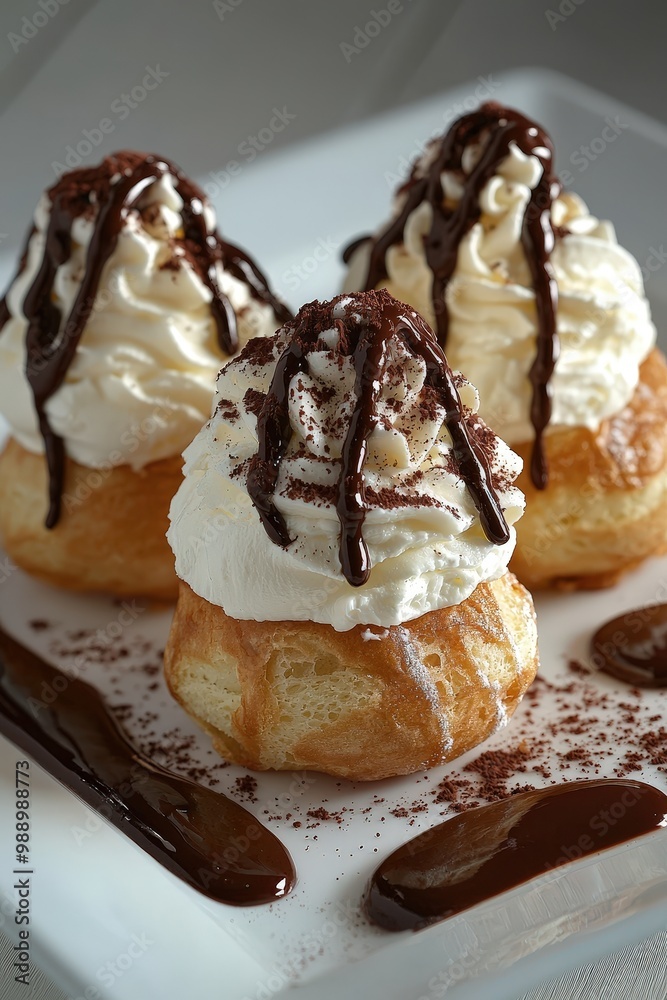 Profiteroles: Cream puffs filled with whipped cream or ice cream and drizzled with chocolate sauce. Profiteroles: Cream puffs filled with whipped cream or ice cream and drizzled with chocolate sauce.