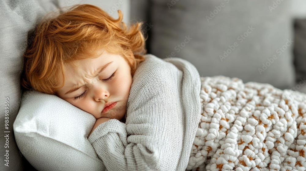 A child curled up on the couch, hugging a pillow tightly as they suffer from a stomach ache A child curled up on the couch, hugging a pillow tightly as they suffer from a stomach ache