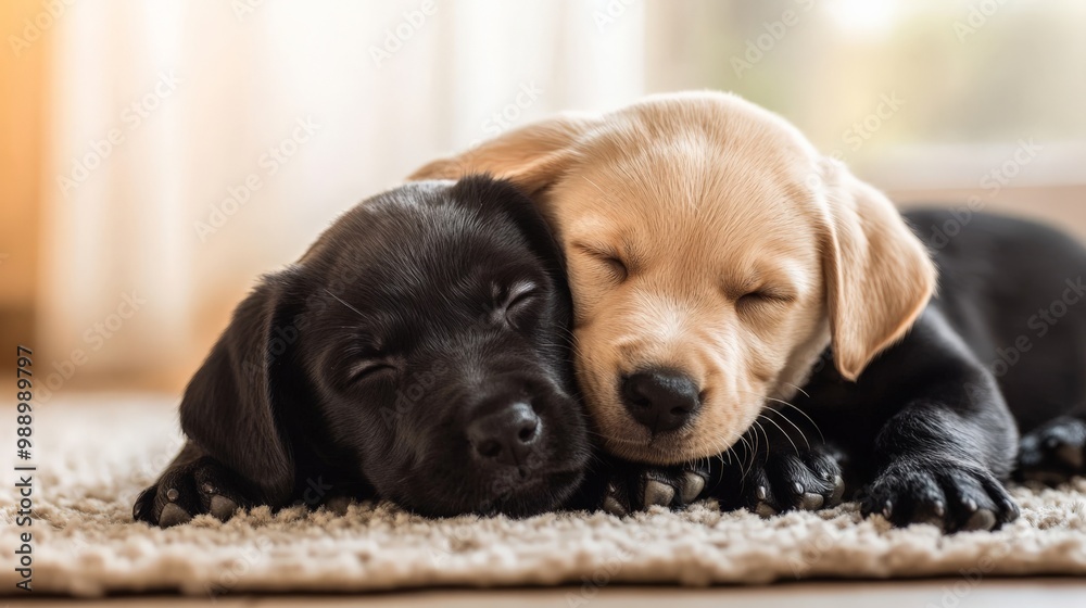 Adorable black and golden Labrador puppies cuddling together on a cozy carpet, radiating warmth and affection in a peaceful home setting.