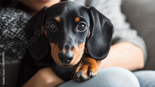 Adorable black and tan dachshund puppy being held by owner, close-up shot capturing the puppy's expressive eyes and sweet expression.