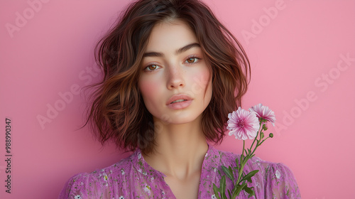 Portrait of a young curly-haired woman with a flower on the pink background