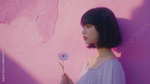 Portrait of asian young woman in the lilac dress with a single flower in her hand