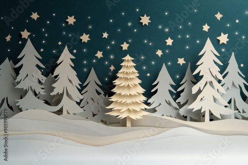  Paper Cut Snowy Forest with Stars and Christmas Tree