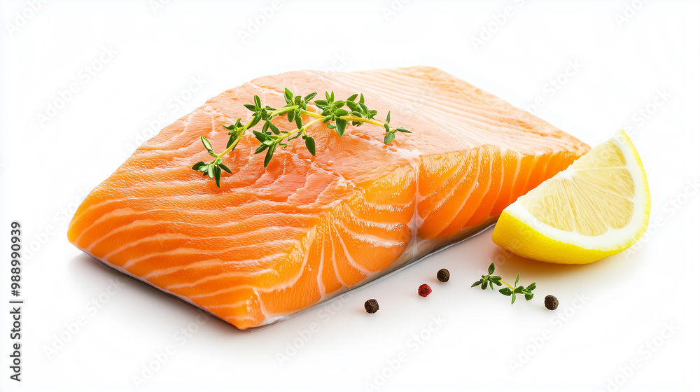 Fresh salmon fillet garnished with thyme and accompanied by lemon wedge, showcasing vibrant colors and textures. Perfect for healthy meals and culinary presentations. Fresh salmon fillet garnished with thyme and accompanied by lemon wedge, showcasing vibrant colors and textures. Perfect for healthy meals and culinary presentations.