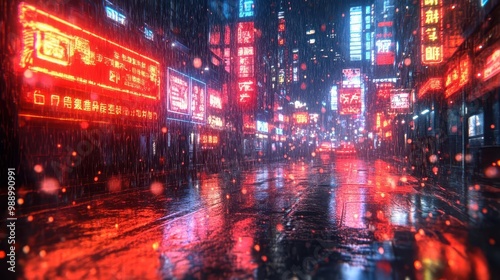 cyberpunk city alleyway illuminated by cascading neon light trails holographic advertisements flickering on rainslicked walls creating a dystopian urban atmosphere photo