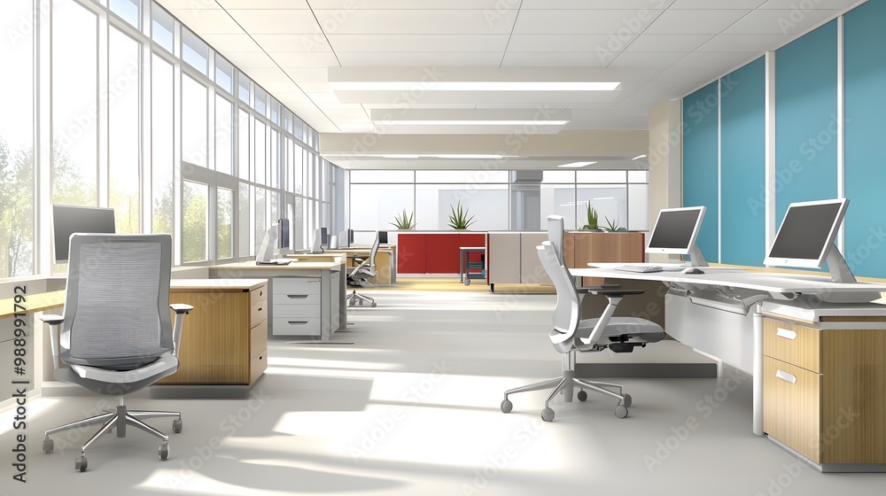 A sleek, modern office with adjustable ergonomic chairs, standing desks, and health-focused equipment, all arranged in a way that promotes comfort and productivity. Smooth lines and soft curves create A sleek, modern office with adjustable ergonomic chairs, standing desks, and health-focused equipment, all arranged in a way that promotes comfort and productivity. Smooth lines and soft curves create