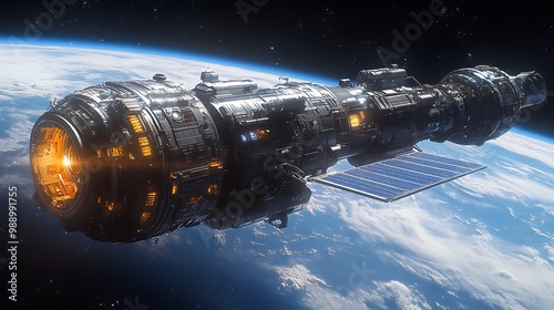 Fototapeta Naklejka Na Ścianę i Meble -  A futuristic space station orbiting Earth, with large solar panels extending outward, set against the deep black of space, Earthâ€™s blue and white surface visible below
