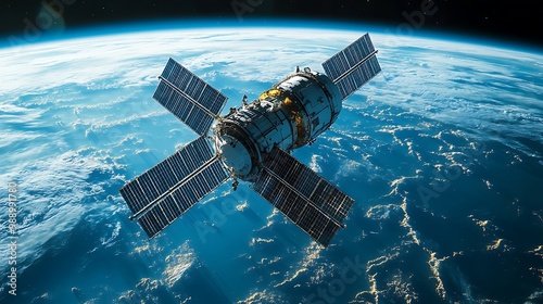 Fototapeta Naklejka Na Ścianę i Meble -  A futuristic space station orbiting Earth, with large solar panels extending outward, set against the deep black of space, Earthâ€™s blue and white surface visible below