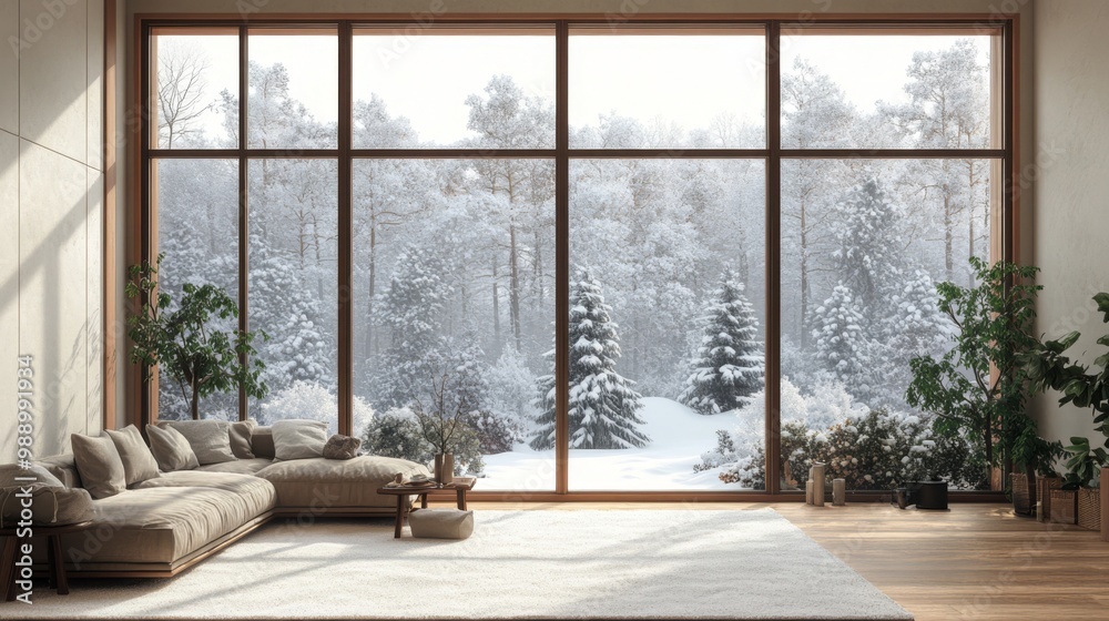Living Room with Panoramic Perspective and Snow Scene Outside the Windows Living Room with Panoramic Perspective and Snow Scene Outside the Windows