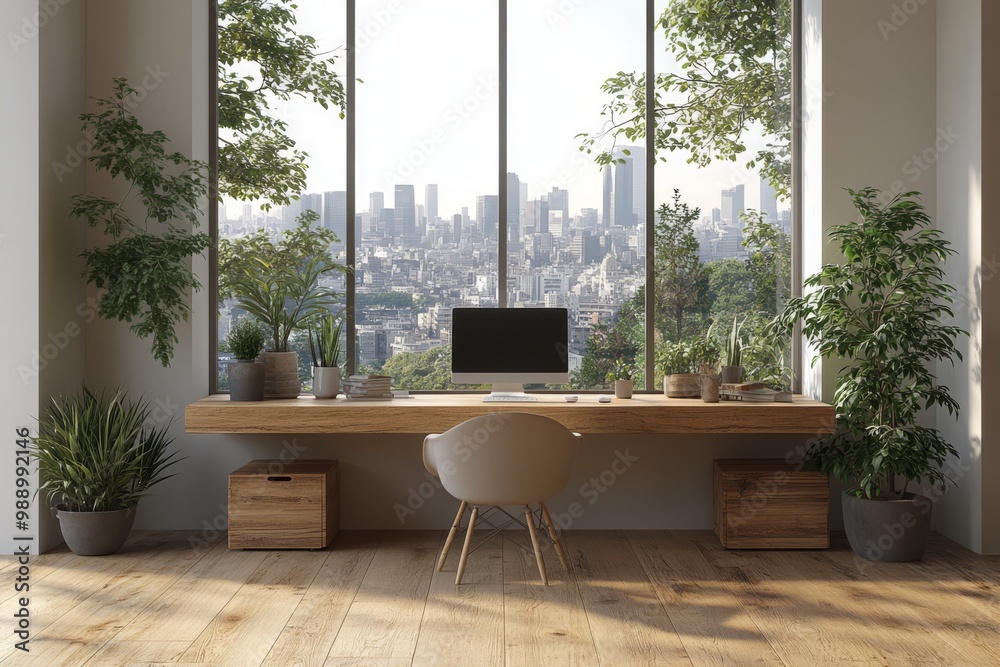 Minimalist Home Office Interior with Wooden Desk, Chair, and Computer Near Window with City View, Scandinavian Style Minimalist Home Office Interior with Wooden Desk, Chair, and Computer Near Window with City View, Scandinavian Style