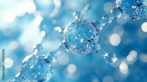 A close-up of water molecules, showcasing a blue, sparkling structure with a blurred background, emphasizing the beauty and complexity of molecular arrangements.
