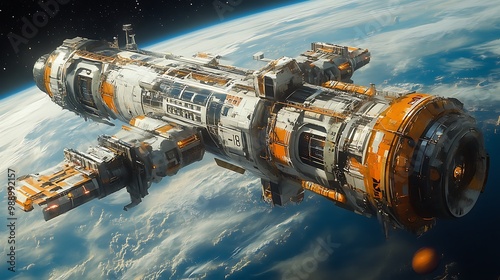 Fototapeta Naklejka Na Ścianę i Meble -  Close-up of the docking bay of a space station, showing intricate details of the structure, with the curvature of a distant planet in the background