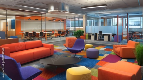 A lively, modern office with dedicated collaboration areas: comfy lounge seating, communal tables, and casual huddle rooms with writable walls. Bright, bold colors and eclectic design elements energiz