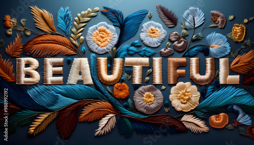 Beautiful word text made of Embroidery Art texture isolated on wall background