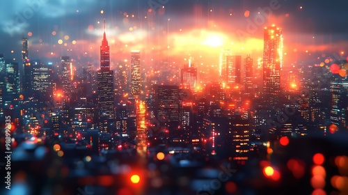 Wallpaper Mural A dramatic cityscape at dusk, illuminated by fiery colors, showcasing tall skyscrapers in a vibrant, futuristic setting. Torontodigital.ca