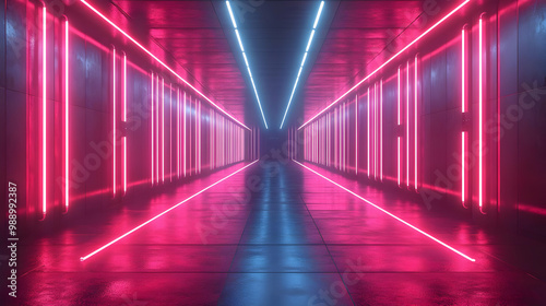 3D Neon Lights Corridor Futuristic Abstract Background