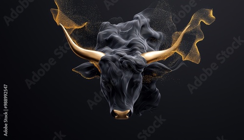 Cosmic Bull Illustration, An ethereal illustration of the Taurus zodiac symbol, with golden details on a black canvas, representing the earth signs grounding energy. photo