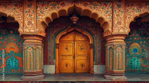 The ornate wooden door of the Indian palace. photo