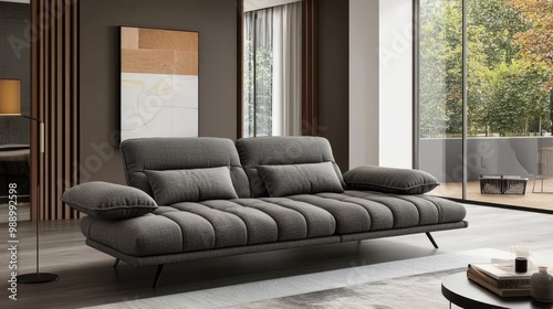 Modern fabric sofa bed, gray in color, rectangular in shape with black legs and two cushions on top of the backrest, in a living room setting. --ar 16:9 --stylize 250 --v 6.1 Job ID: 2dfec447-3ea0-470