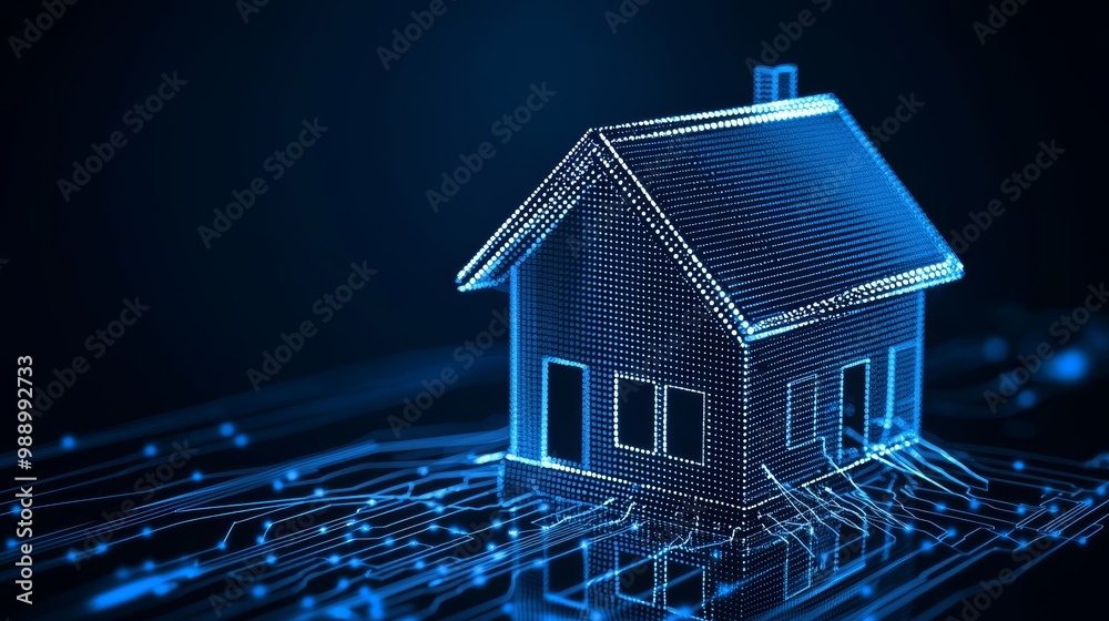 Digital Home Energy Network, Illustrate a house made up of pixelated digital lines, with circuits extending into the ground, representing a connected home energy management system. Digital Home Energy Network, Illustrate a house made up of pixelated digital lines, with circuits extending into the ground, representing a connected home energy management system.