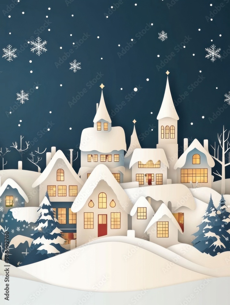 Fototapeta premium Paper Cut Snowy Christmas Village with Lit Windows