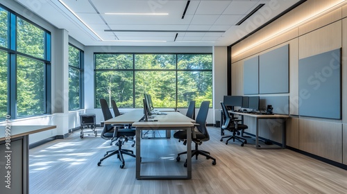 A thoughtfully designed workspace with acoustic panels, quiet zones, and sound-absorbing elements, creating a peaceful environment for focus and concentration. Soft materials, muted colors, and strate