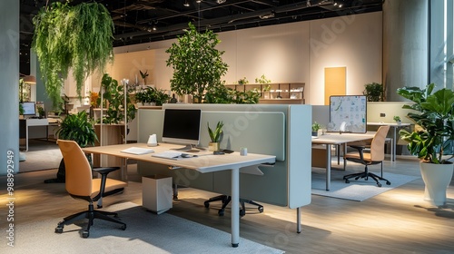 A thoughtfully designed workspace with acoustic panels, quiet zones, and sound-absorbing elements, creating a peaceful environment for focus and concentration. Soft materials, muted colors, and strate photo