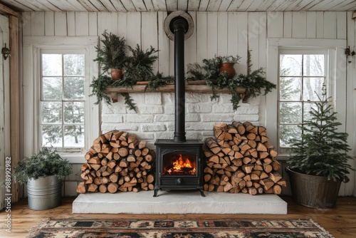 Modern Farmhouse Style with White Wall, Wood Stove, and Rustic Theme