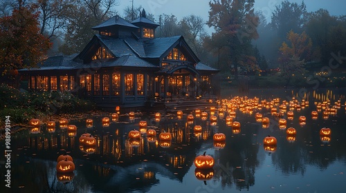 A serene, autumn night scene featuring a cozy house surrounded by glowing jack-o'-lanterns floating on a tranquil lake, creating a magical Halloween ambiance. photo